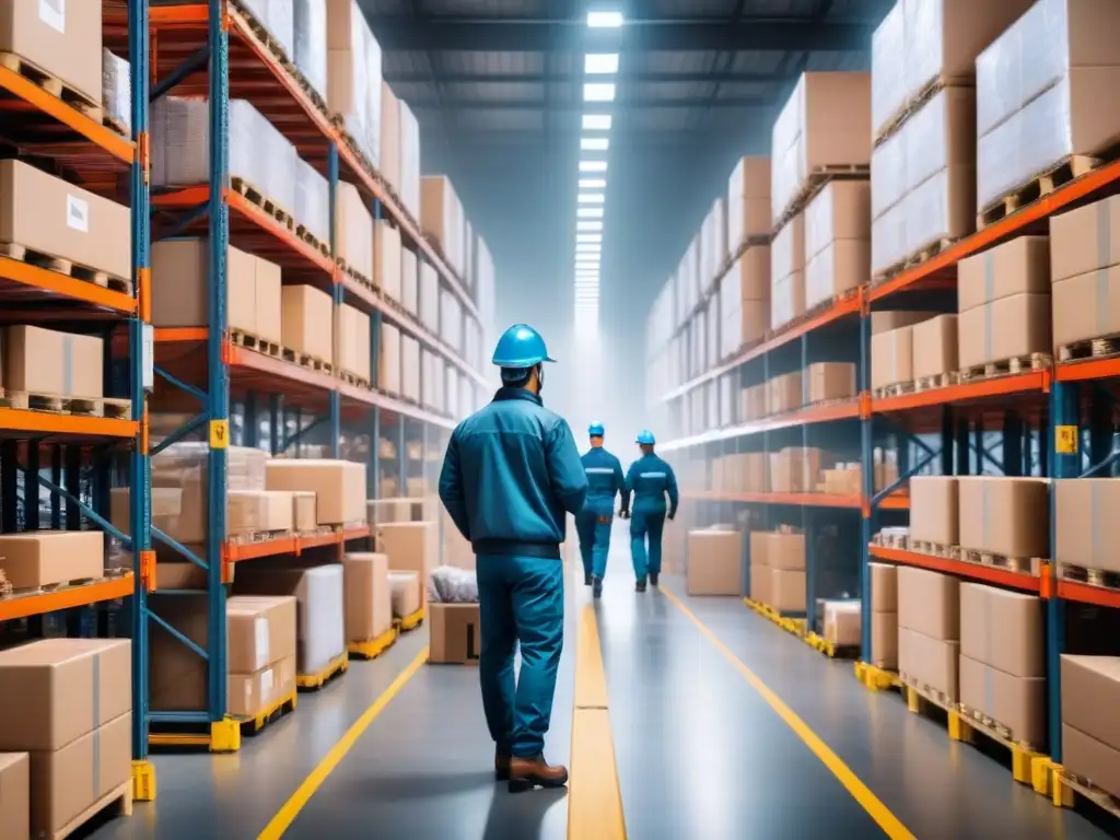 Eficiencia logística: Colaboración estratégica en almacén Un almacén logístico bullicioso y organizado con colaboraciones estratégicas en logística efficiente