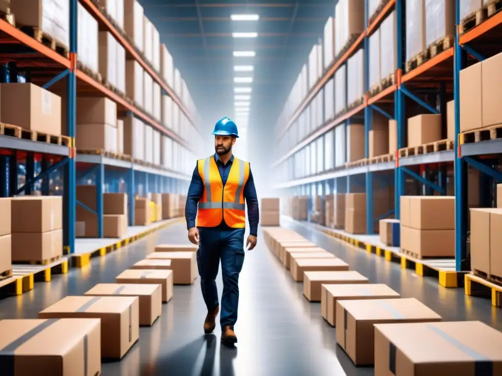Almacén logístico moderno: eficiencia y tecnología en acción Un almacén logístico bullicioso con paquetes apilados y trabajadores usando dispositivos para rastrear inventario