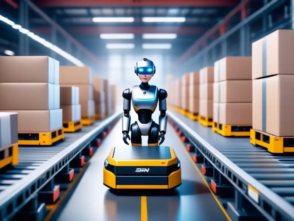 Almacén logístico automatizado: eficiencia con IA Un almacén logístico bullicioso con robots automatizados y cintas transportadoras, operado por trabajadores con tecnología de IA