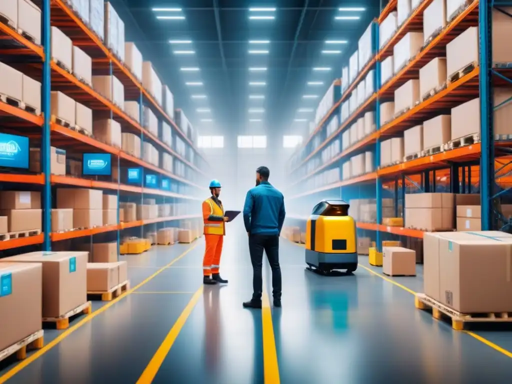 Almacén logístico automatizado: eficiencia y tecnología en acción Un almacén logístico bullicioso con robots automatizados moviendo paquetes, trabajadores supervisando pantallas con datos en tiempo real