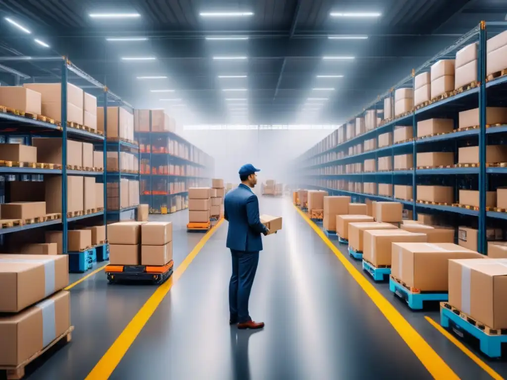Almacén logístico automatizado: eficiencia y precisión en tiempo real Un almacén logístico bullicioso con robots automatizados moviendo paquetes, mientras trabajadores supervisan pantallas con datos en tiempo real