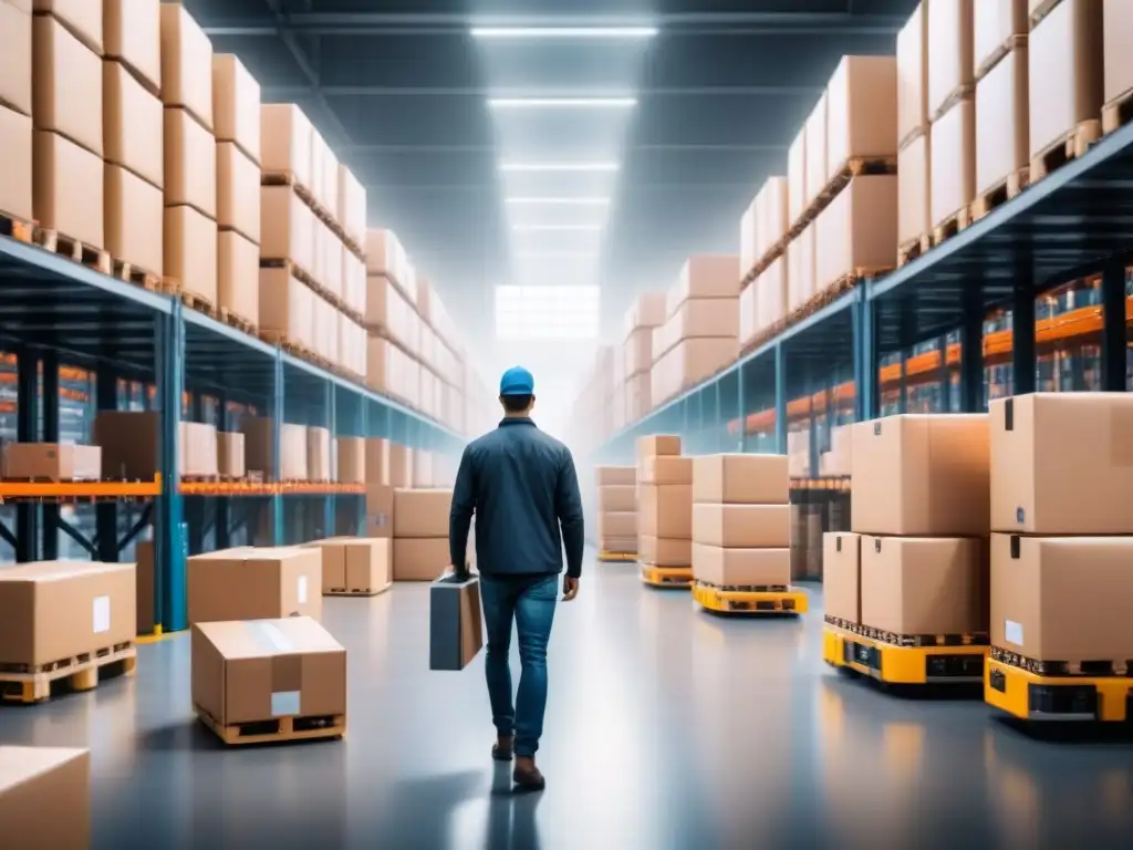 Almacén logístico automatizado: fusión de tecnología y trabajo humano Un almacén logístico bullicioso con robots automatizados moviendo paquetes y trabajadores supervisando con tablets