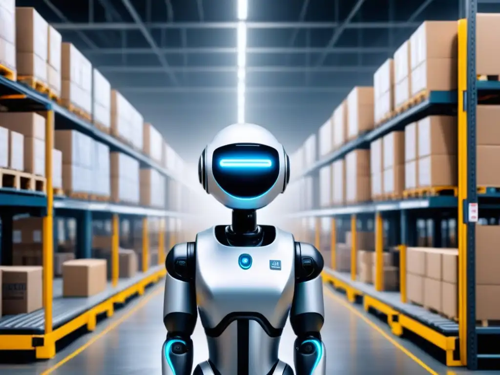 Almacén logístico automatizado: tecnología y expertise humano en armonía Un almacén logístico bullicioso con robots y trabajadores monitoreando pantallas de pronóstico de demanda en tiempo real, integrando IA en logística