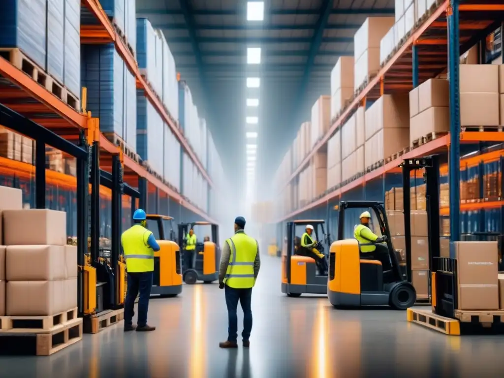 Almacén logístico: eficiencia en movimiento Un almacén logístico bullicioso con trabajadores en chalecos reflectantes, montacargas y cargando camiones, iluminado por luces industriales