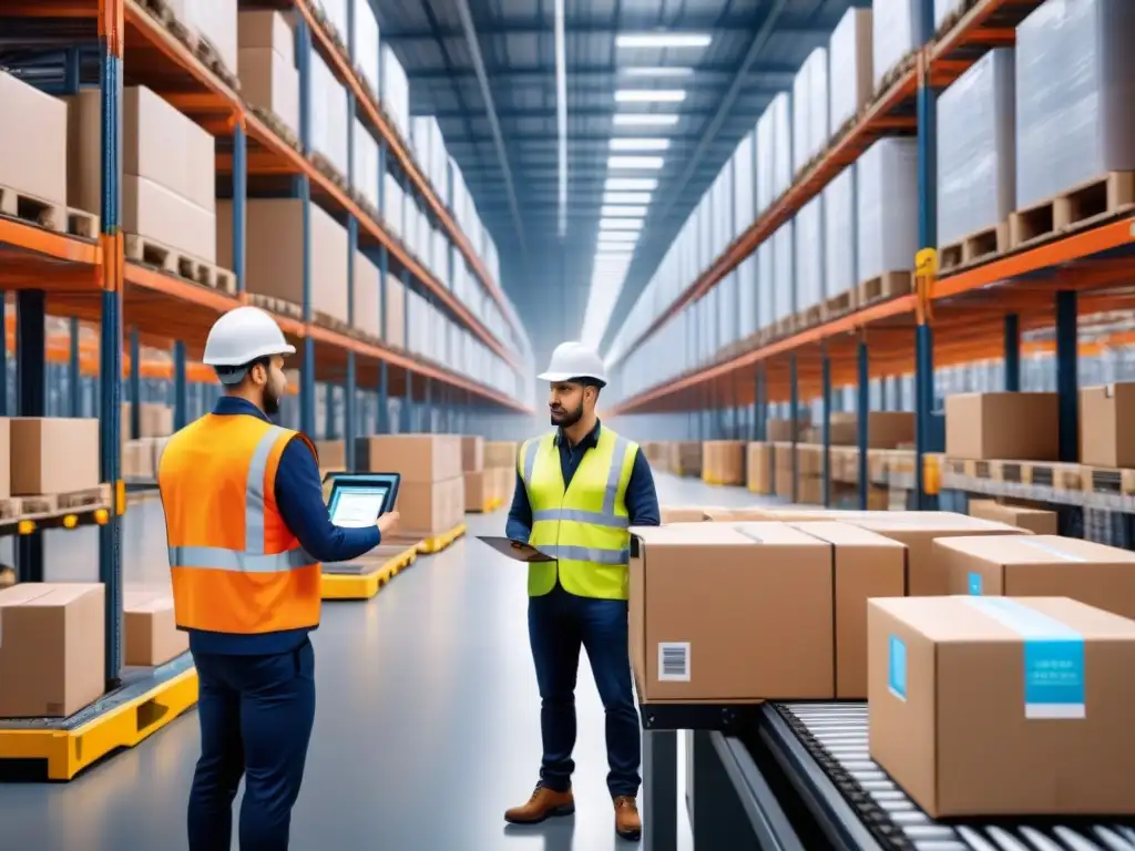 Un almacén digital logístico bullicioso, con trabajadores y sistemas automatizados avanzados moviendo paquetes