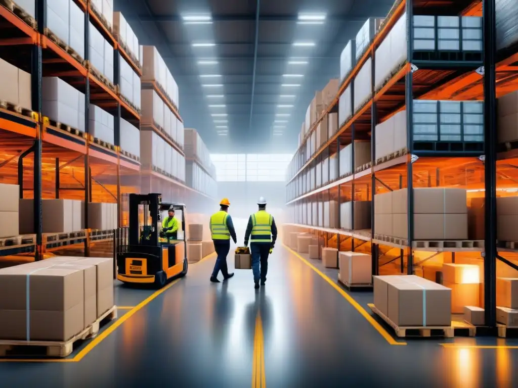 Un almacén logístico bullicioso con trabajadores diversos operando maquinaria y administrando inventario