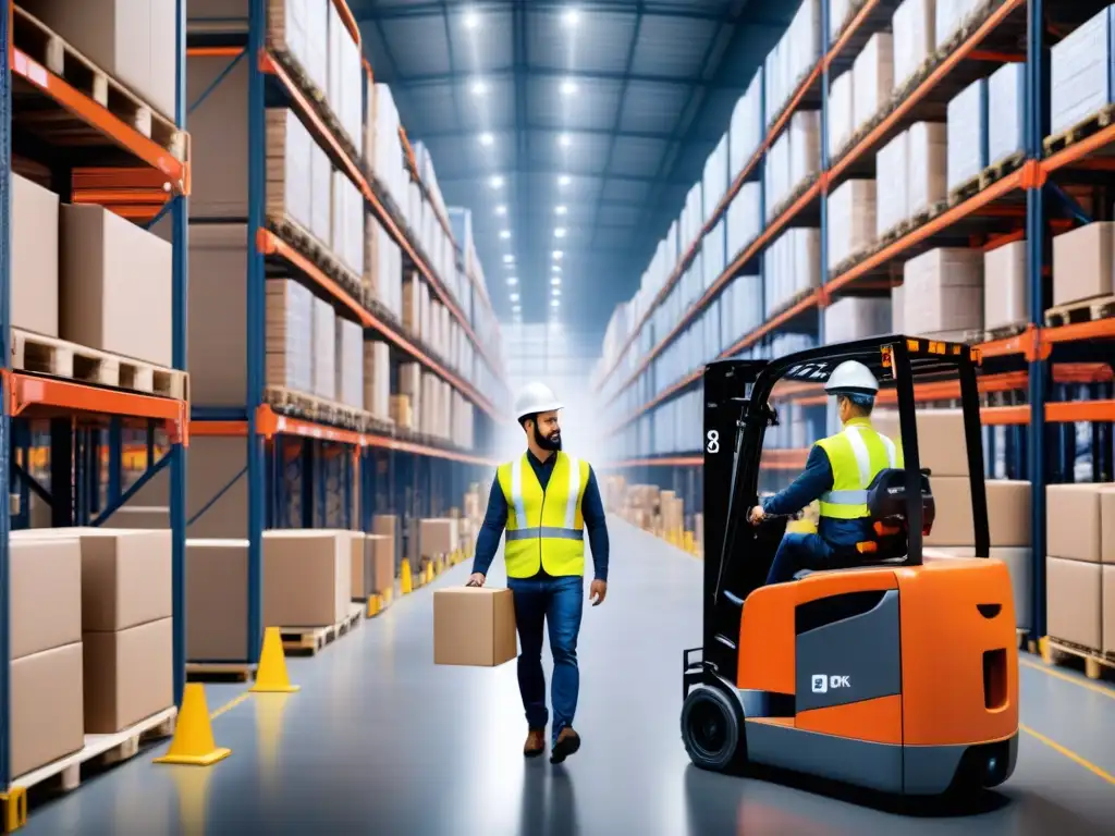 Almacén logístico inteligente: IoT en acción Un almacén logístico bullicioso con trabajadores, carretillas elevadoras y estantes llenos de productos