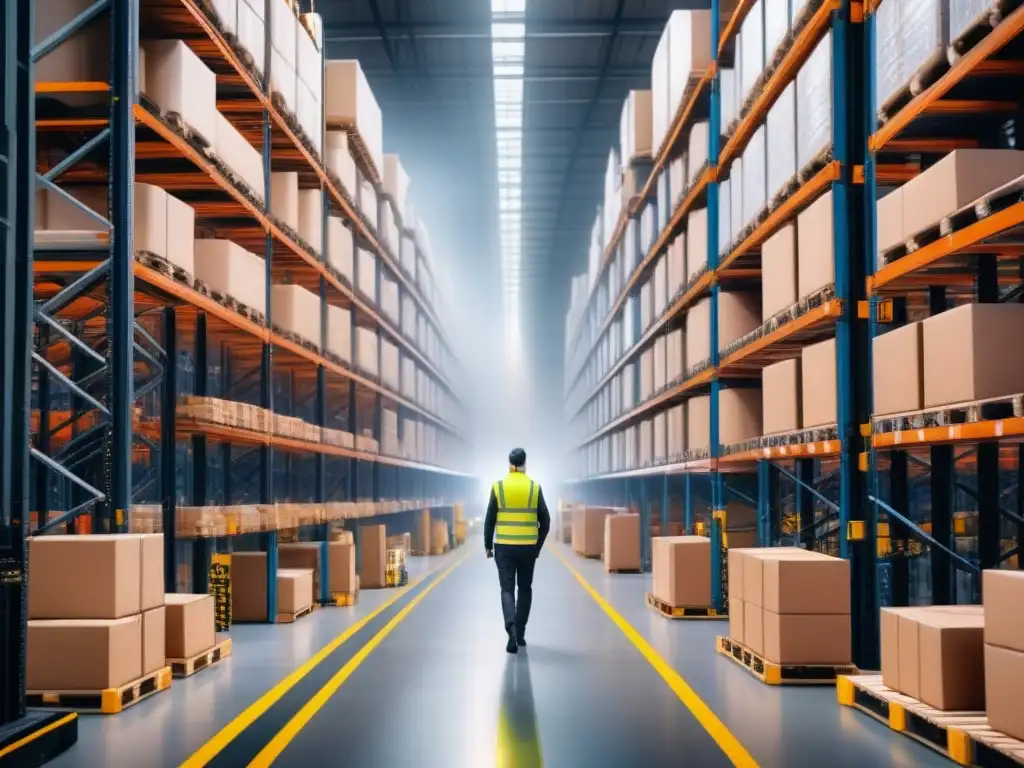 Almacén logístico: eficiencia y precisión en movimiento Un almacén logístico bullicioso, trabajadores organizan cajas con precisión en estantes altos