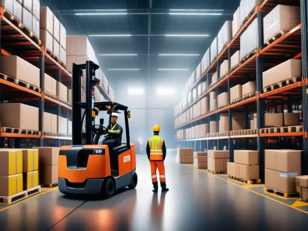 Centro logístico eficiente: trabajadores, forklifts y coordinación Un almacén logístico bullicioso con trabajadores usando equipo de seguridad, moviendo montacargas y organizando paquetes con eficiencia