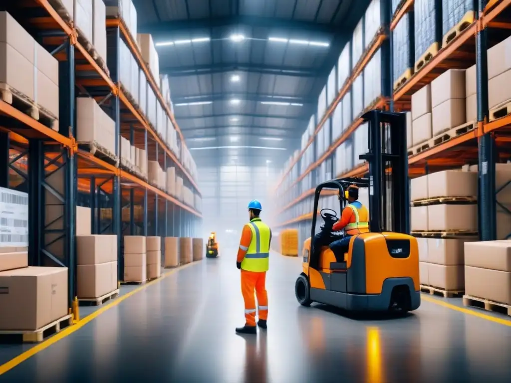 Almacén logístico moderno: eficiencia y tecnología en acción Un almacén logístico bullicioso con trabajadores y cajas organizadas, mostrando Big Data en logística sostenible