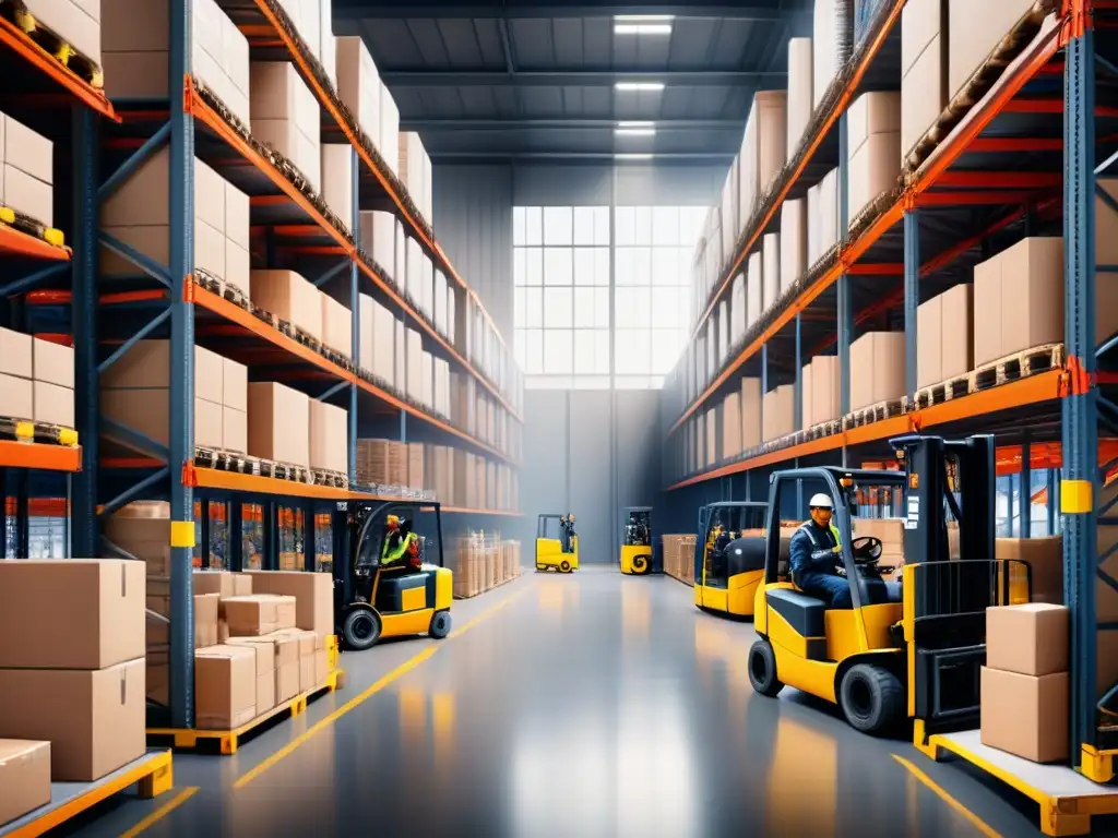Almacén logístico eficiente: trabajadores organizados y precisos Un almacén logístico bullicioso con trabajadores organizando paquetes y pallets, iluminado por luz natural