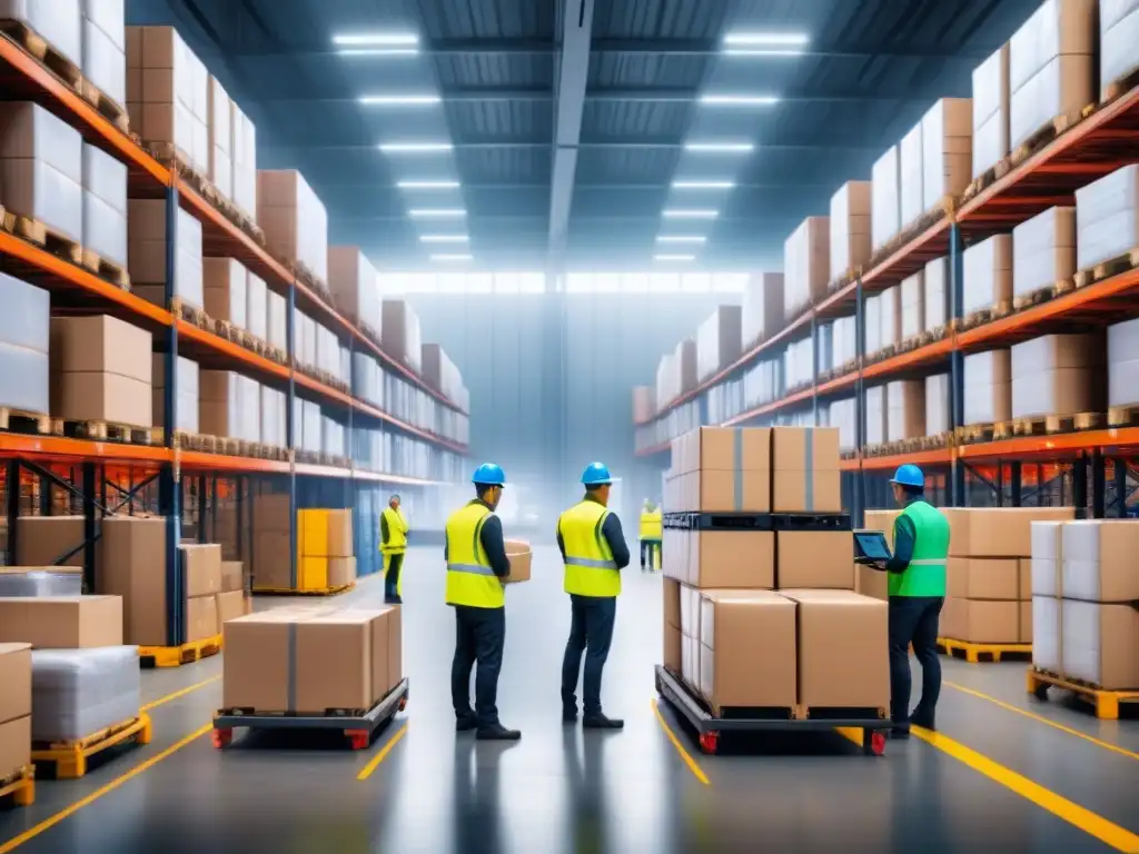 Almacén logístico: eficiencia y tecnología blockchain Un almacén logístico bullicioso con trabajadores organizando paquetes y tecnología blockchain en pantallas