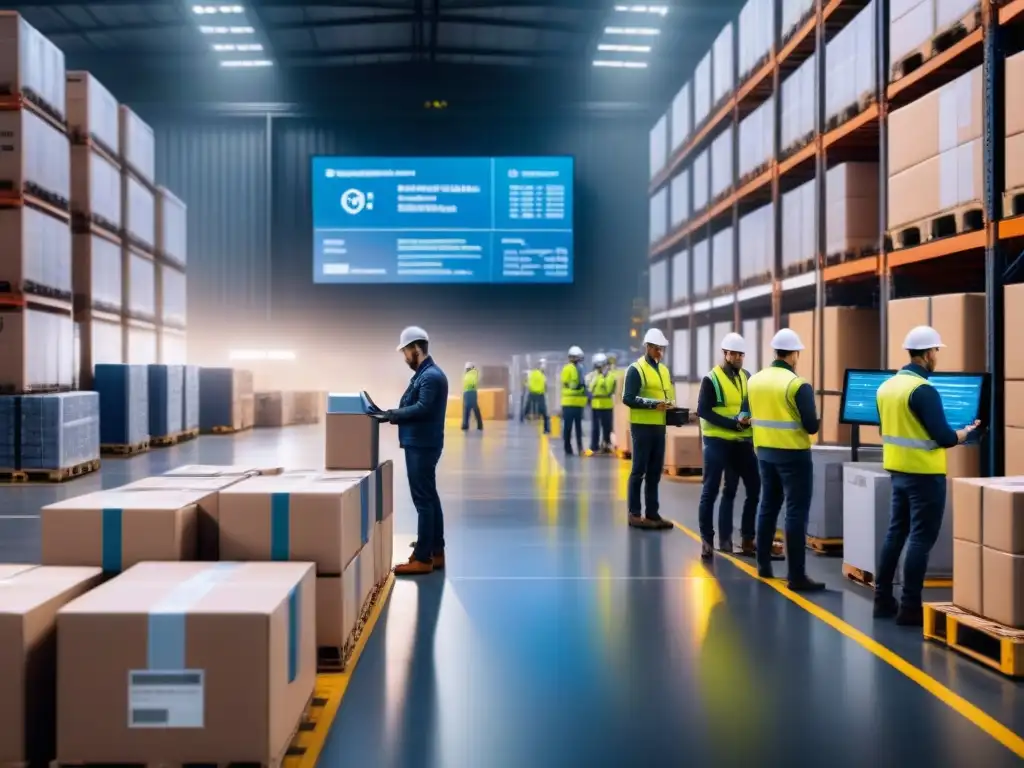 Almacén logístico innovador: eficiencia y tecnología avanzada Un almacén logístico eficiente y tecnológico con robots y empleados gestionando inventario, pantalla digital con datos logísticos en tiempo real