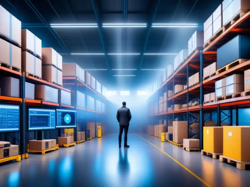 Almacén logístico futurista con ciberseguridad avanzada Un almacén logístico futurista con alta seguridad cibernética y medidas de vigilancia avanzadas