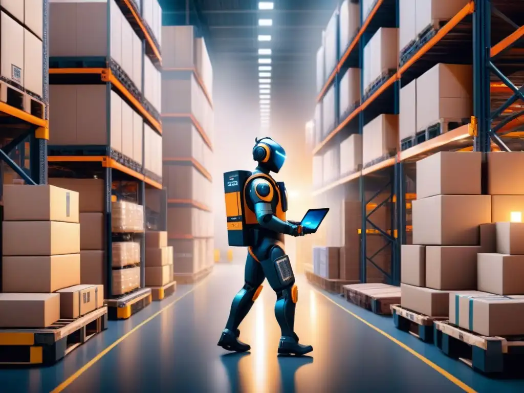 Almacén logístico del futuro: robots y tecnología en acción Un almacén logístico futurista con integración de IA en logística: robots y trabajadores coordinados en un ambiente tecnológico y organizado