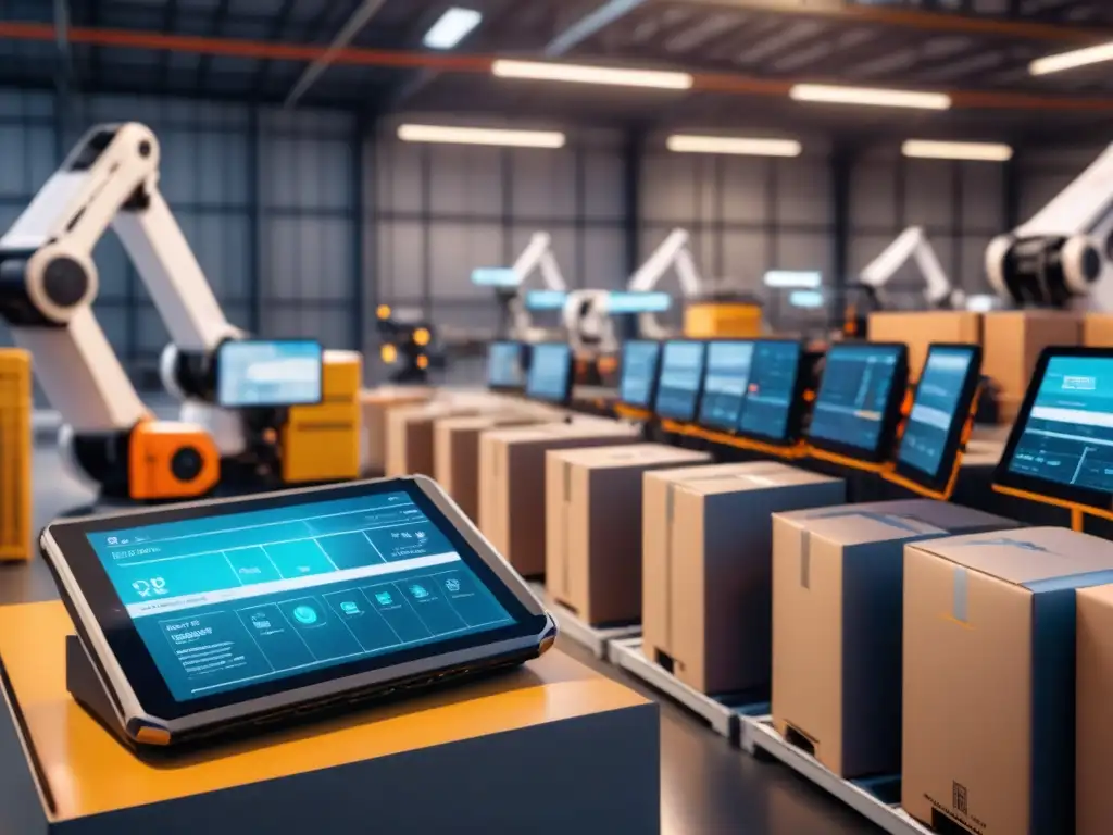 Almacén logístico inteligente con IA avanzada Un almacén logístico futurista con Inteligencia Artificial para previsión logística