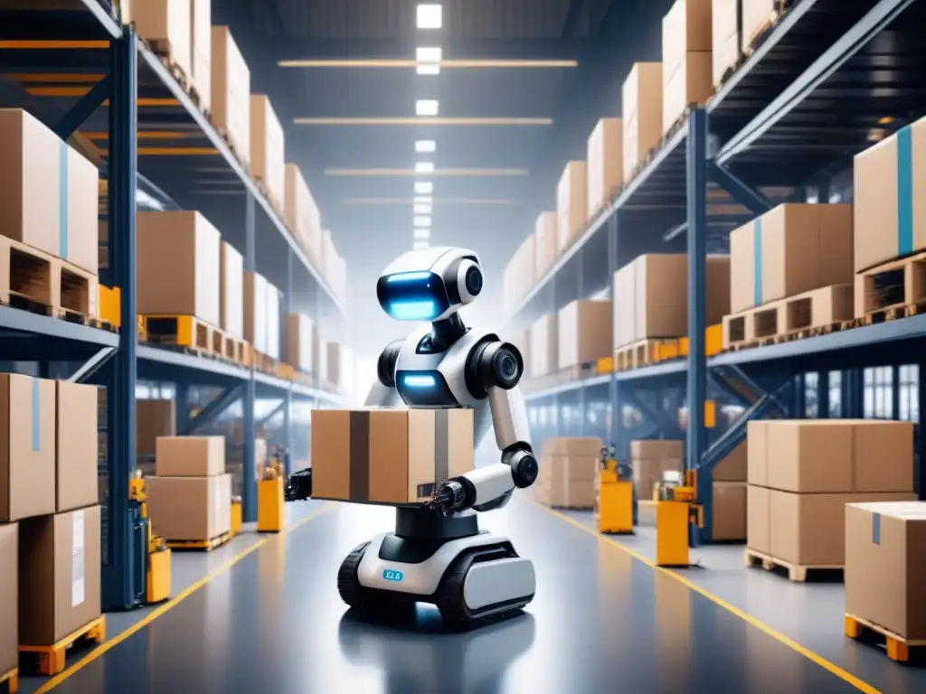 Almacén logístico automatizado: robots revolucionando la industria Un almacén logístico futurista con robots en gestión logística moviendo paquetes con precisión y eficiencia