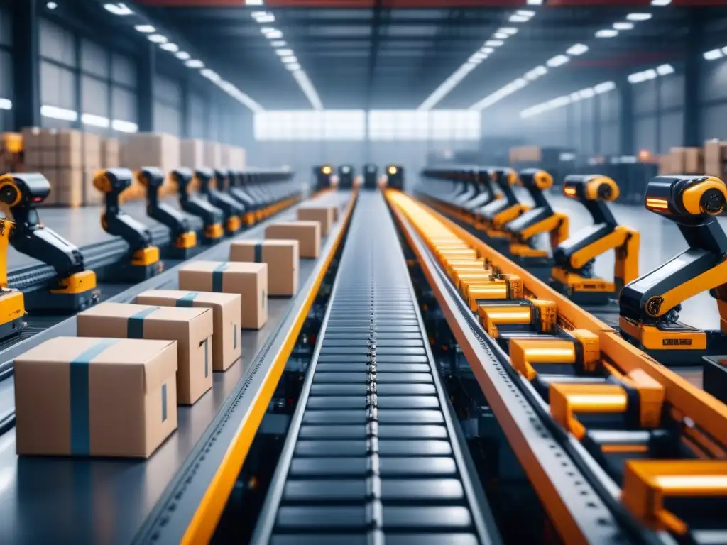 Almacén logístico ultramoderno con robots y tecnología de visión por ordenador Un almacén logístico futurista con tecnología de visión computadora coordinando eficientemente la clasificación de paquetes