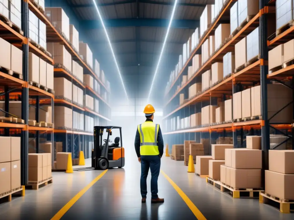 Un almacén logístico lleno de actividad, con trabajadores en chalecos reflectantes y cascos duros, organizando cajas y paletas