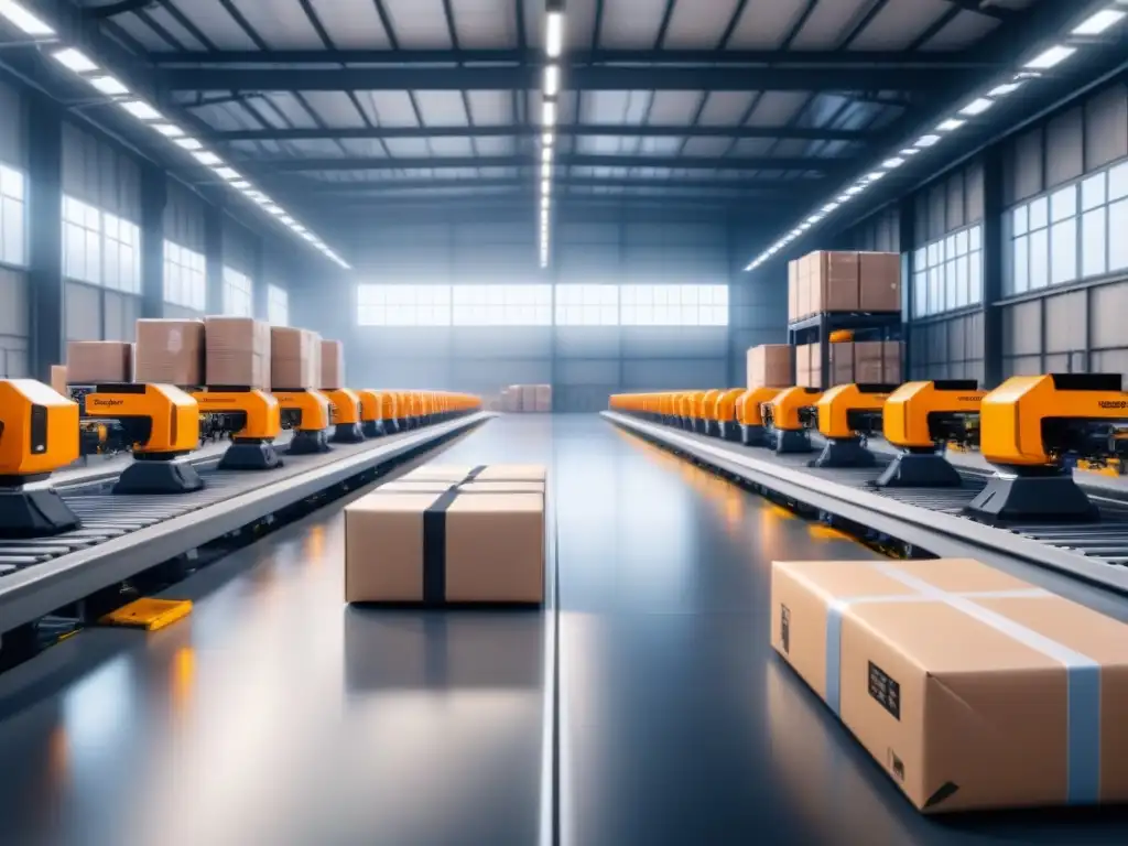 Almacén logístico automatizado con robots y drones AI Un almacén logístico lleno de brazos robóticos moviendo paquetes, drones AI coordinando el flujo eficiente de bienes, todo iluminado por luz natural