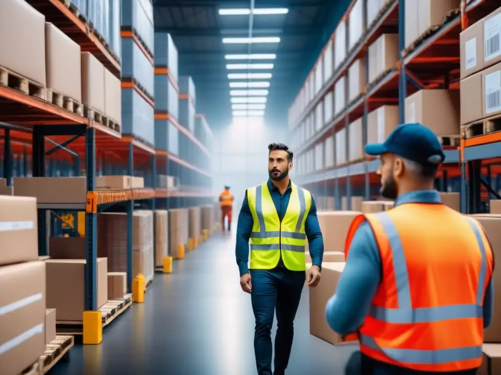 Almacén logístico: eficiencia y seguridad en acción Un almacén logístico moderno y eficiente con trabajadores y tecnología innovadora