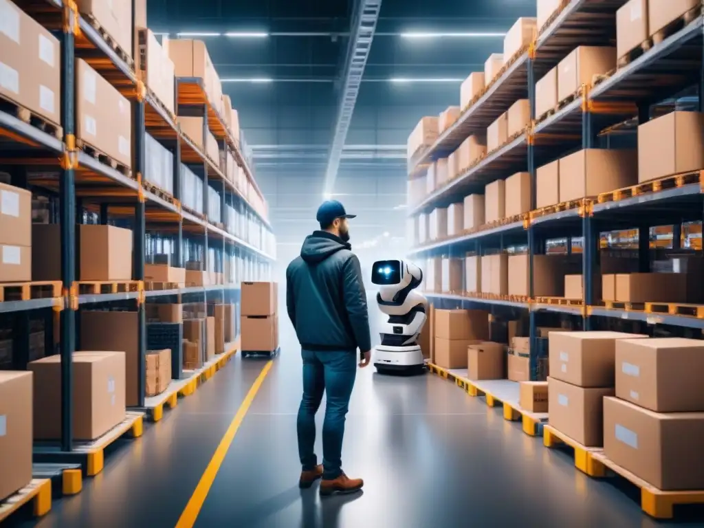 Un almacén logístico moderno muestra estrategias inteligentes para previsión con robots, trabajadores y tecnologías avanzadas