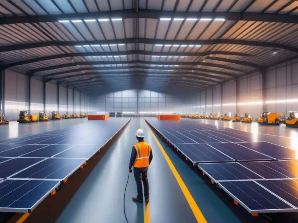 Un almacén logístico con tecnología avanzada, paneles solares, camiones eléctricos y eficiencia energética