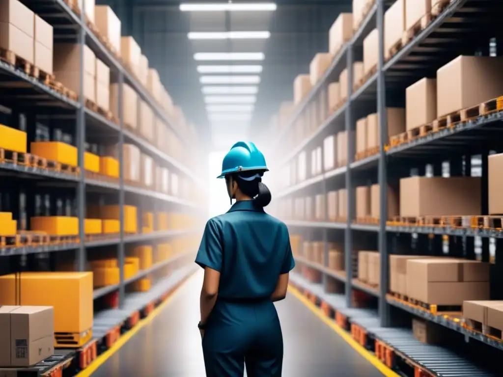 Almacén moderno: robots y trabajadores en acción Un almacén moderno y bullicioso con tecnología y trabajadores, mostrando la integración de la visibilidad cadena suministro tiempo real