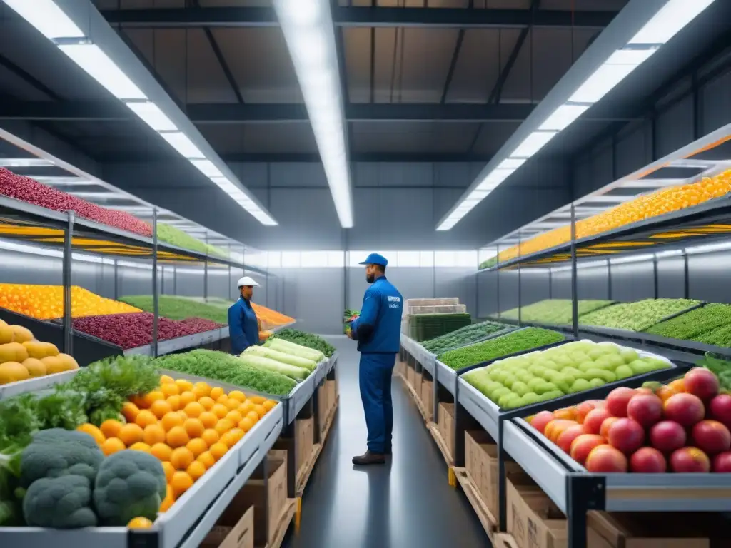 Almacén ecológico de frutas y verduras frescas: eficiencia y sostenibilidad Un almacén de refrigeración moderno y ecoamigable lleno de frutas y verduras frescas, con trabajadores inspeccionando la calidad