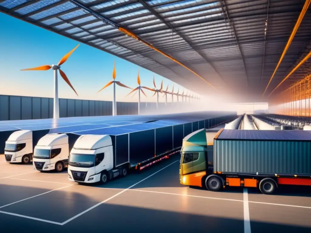 Un almacén moderno con paneles solares y camiones eléctricos, resaltando la eficiencia energética en almacenes logísticos