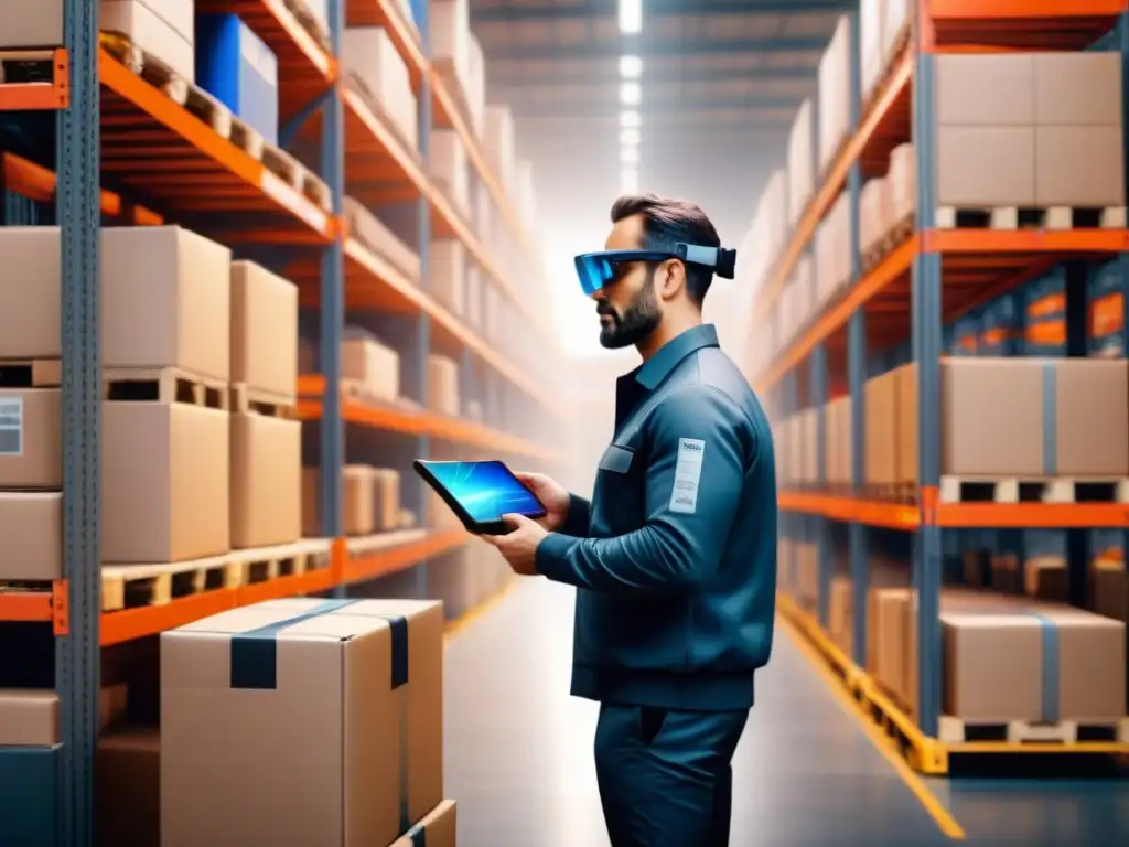 Almacén moderno con realidad aumentada: eficiencia logística Un almacén moderno con trabajadores usando gafas de Realidad Aumentada en transporte seguro
