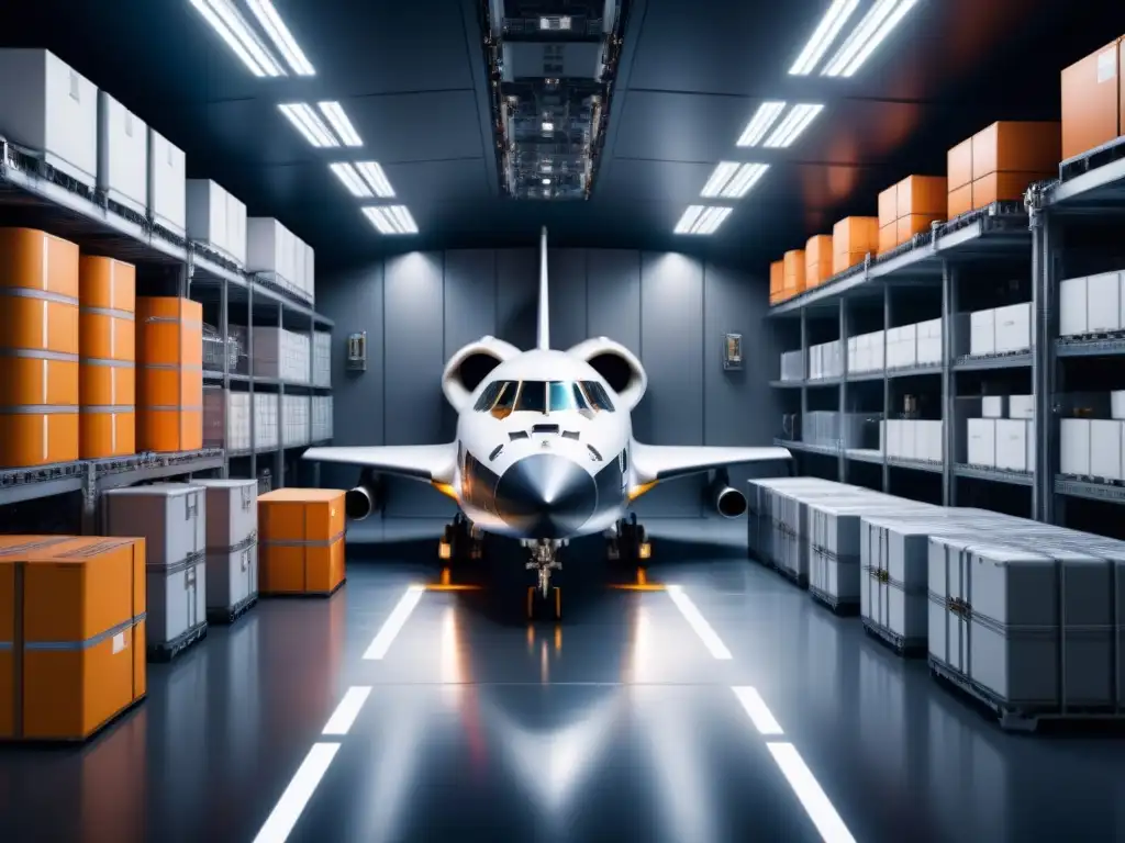 Un almacén de nave espacial futurista con soluciones logísticas para misiones espaciales