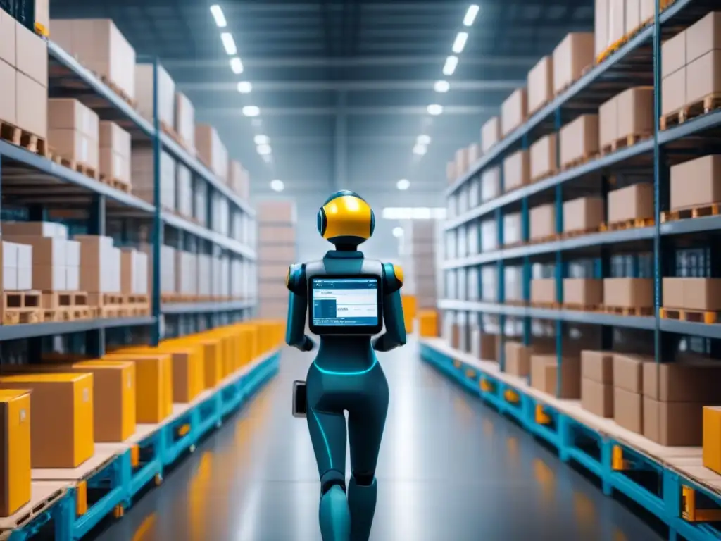 Almacén automatizado de alta tecnología con robots AI Un almacén de última generación con robots automatizados gestionando inventarios