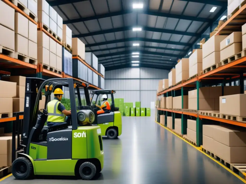Sostenibilidad en Acción: Almacén Eco-Friendly Un almacén sostenible con cajas ecoetiquetadas y operarios en logística verde iniciativas corporativas