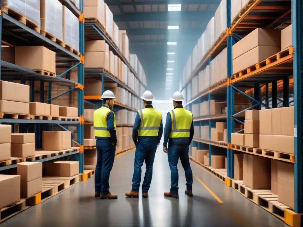 Almacén sostenible: eficiencia ecoamigable Un almacén sostenible en plena acción: trabajadores apilando materiales eco en pallets