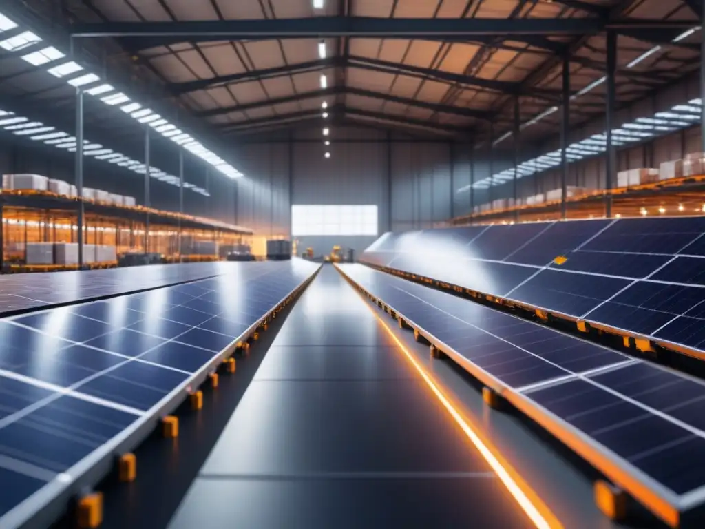 Un almacén de vanguardia con paneles solares, luces LED y robots automatizados, transmitiendo eficiencia energética en logística
