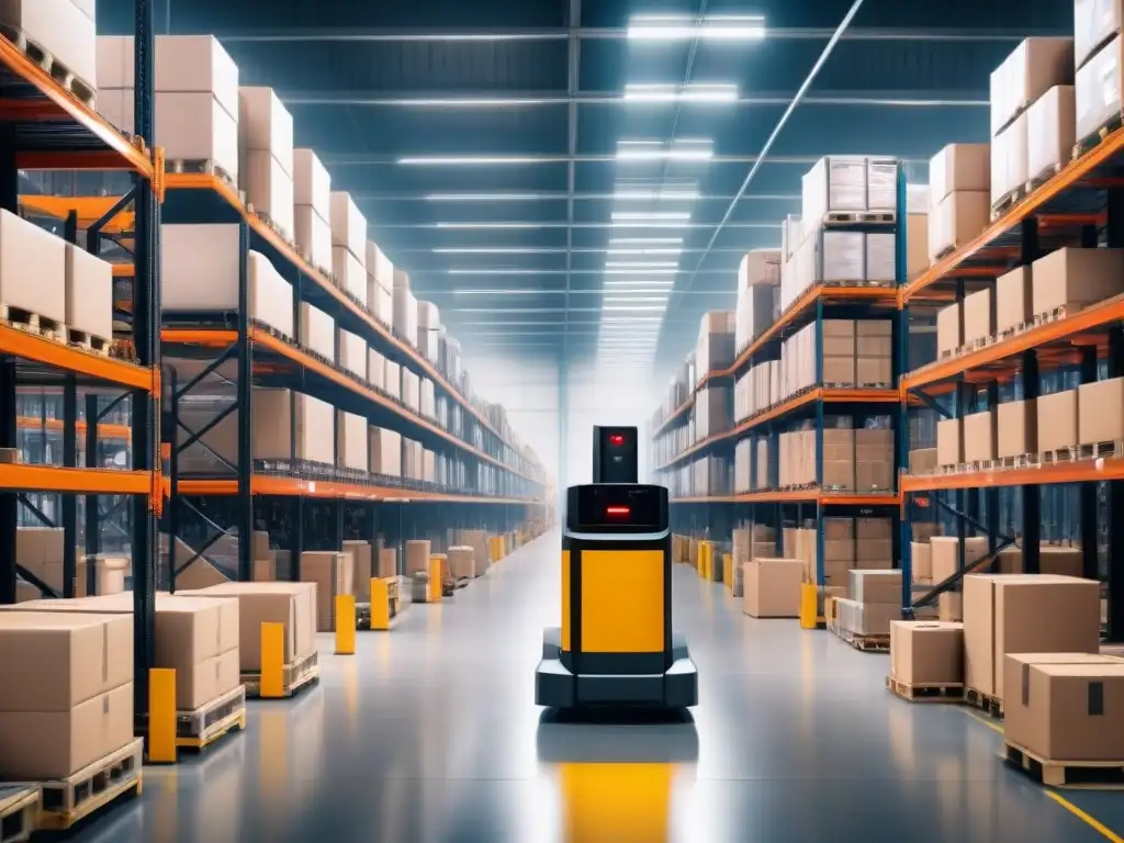 Almacén automatizado: eficiencia y tecnología avanzada en acción Automatización en almacenes logísticos: Eficiencia y tecnología avanzada en acción, con robots moviendo cajas en un almacén de última generación