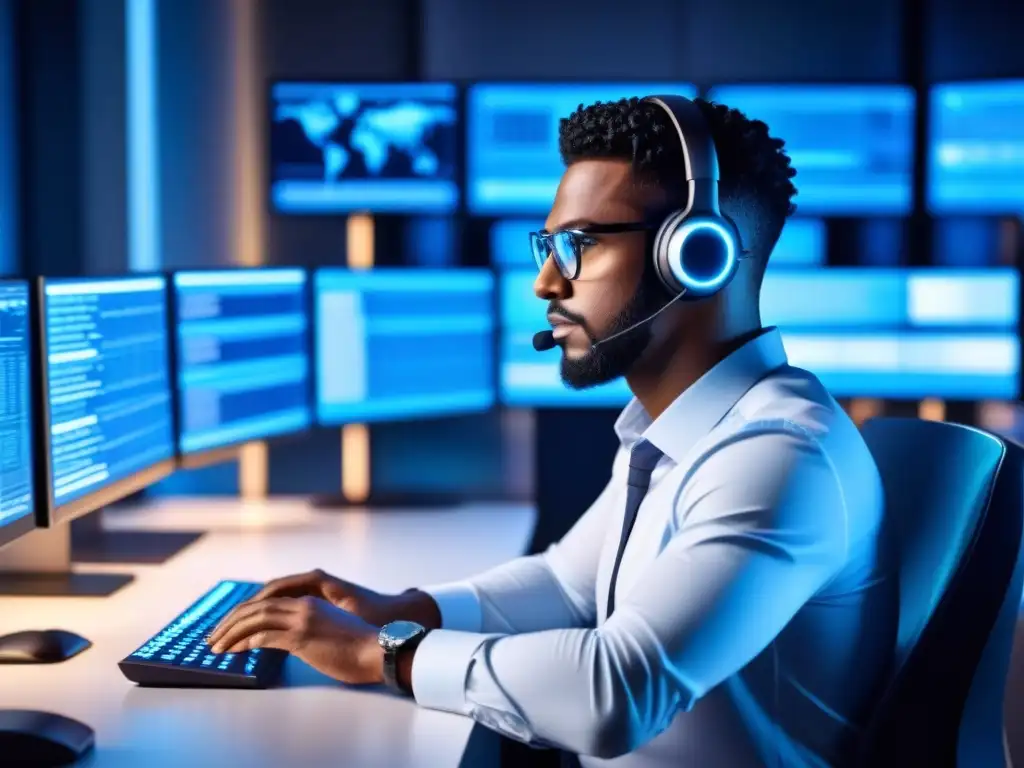 Un analista de ciberseguridad en una oficina moderna, rodeado de monitores brillantes y gadgets de alta tecnología