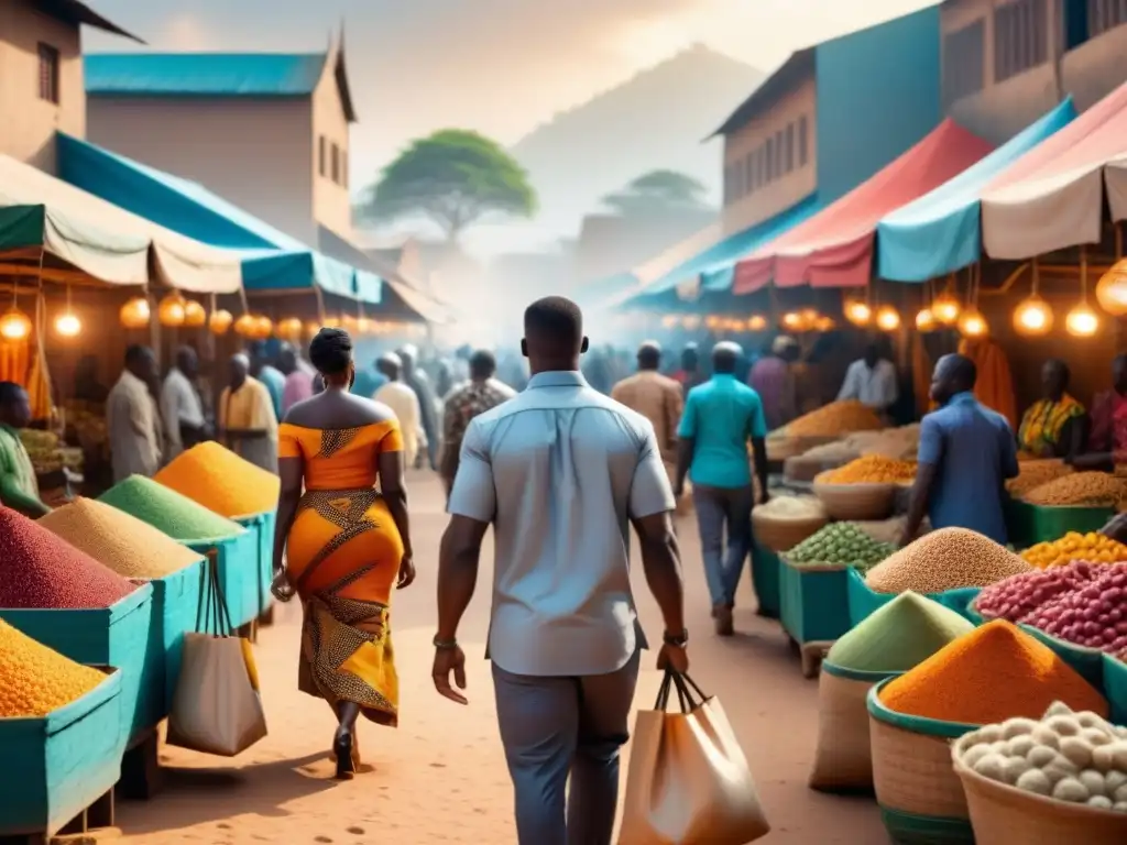 Mercado africano: colores vibrantes y comercio dinámico Animado mercado africano con colores vibrantes y variedad de productos