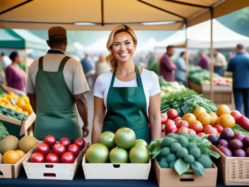 Mercado agrícola sostenible: colores y sonrisas en la naturaleza Un animado mercado de agricultores con puestos coloridos de frutas y verduras orgánicas