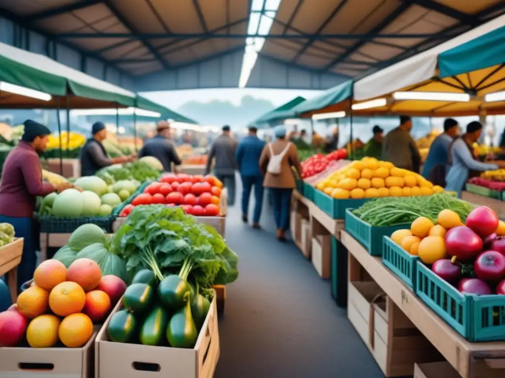 Mercado agrícola sostenible: colores vibrantes y diversidad en acción Un animado mercado agrícola con clientes y vendedores, destacando la logística sostenible de transporte de alimentos