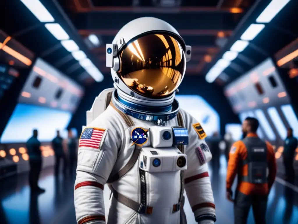 Embarque espacial: astronauta listo para suministrar la estación Un astronauta frente a una nave espacial futurista, listo para una misión de entrega