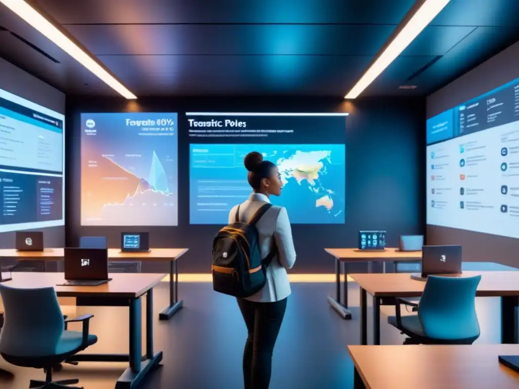 Aula futurista de logística: tecnología interactiva y aprendizaje inmersivo Un aula futurista con simulaciones interactivas de logística, estudiantes y maestro discutiendo