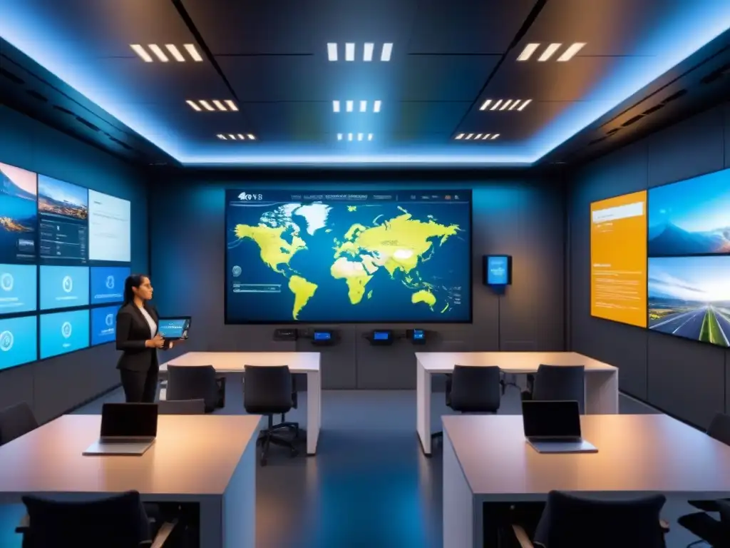 Aula del futuro: simulaciones logísticas interactivas Un aula futurista con tecnología de simulaciones interactivas para enseñar logística