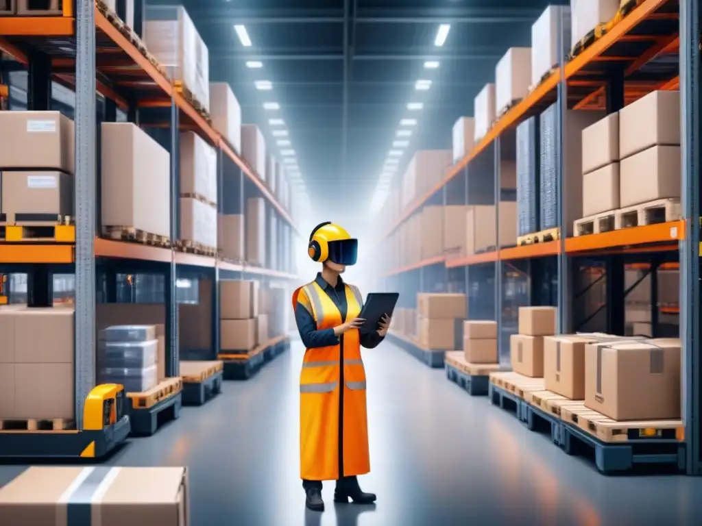 Almacén automatizado con robots y trabajadores supervisando, ilustrando la personalización logística con análisis de datos