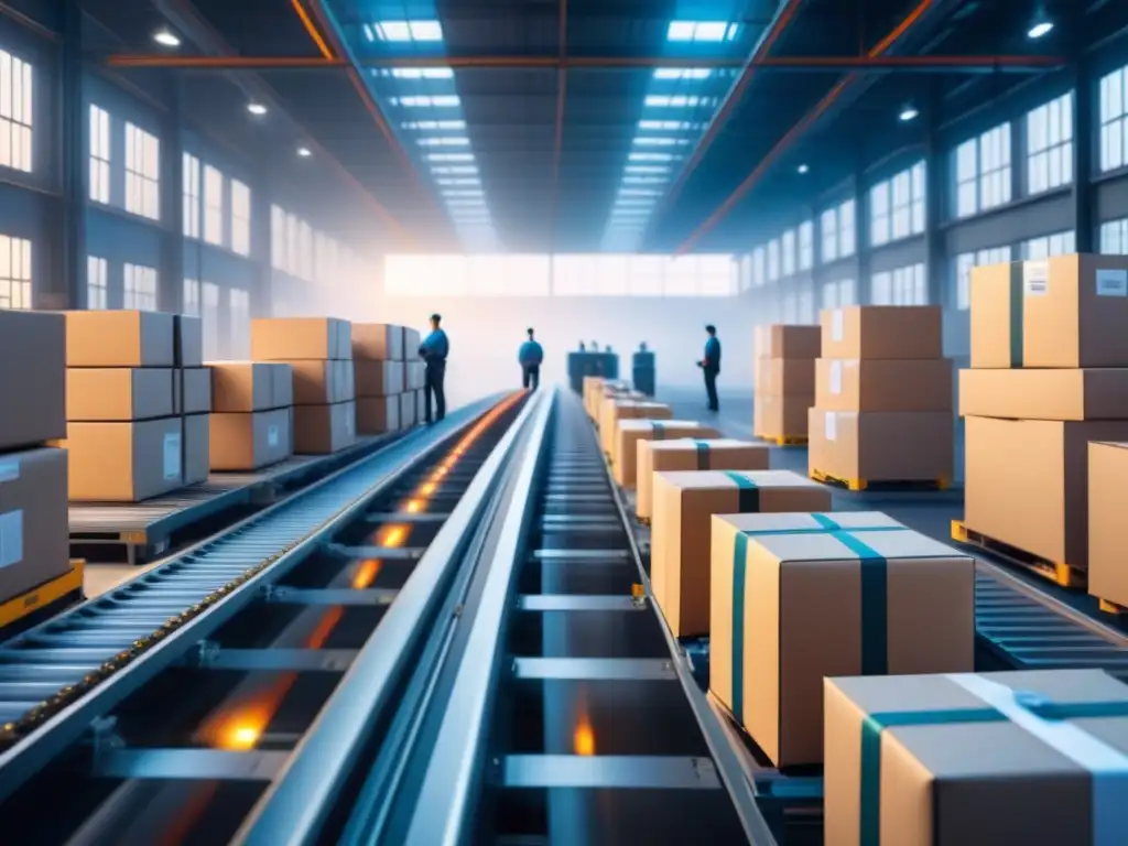 Almacén automatizado de vanguardia: tecnología y trabajo en equipo Almacén automatizado con robots y trabajadores supervisando