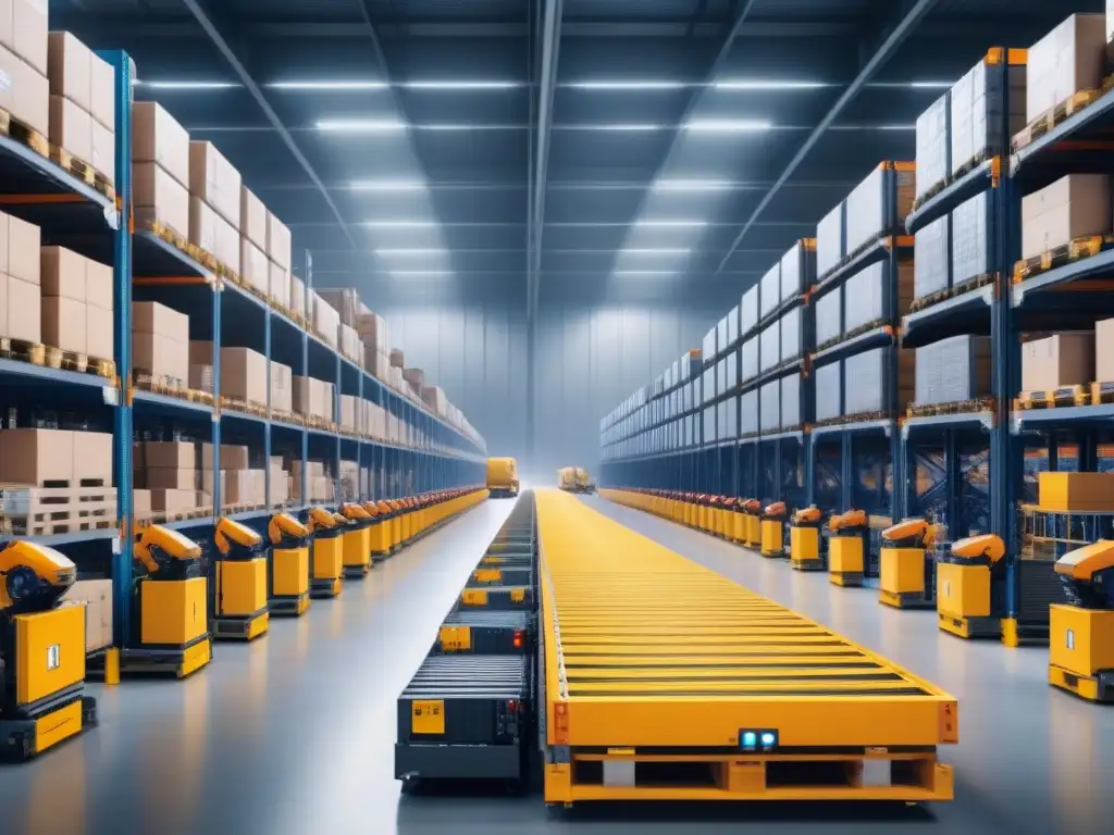 Almacén automatizado: eficiencia y tecnología en logística Almacén automatizado de vanguardia con robots moviendo mercancía y monitoreo humano