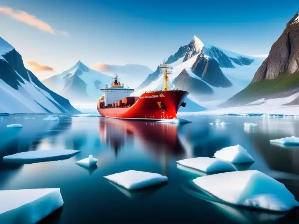 Travesía ártica: navega entre icebergs y montañas nevadas Un barco de carga navega en aguas árticas con icebergs y montañas nevadas alrededor