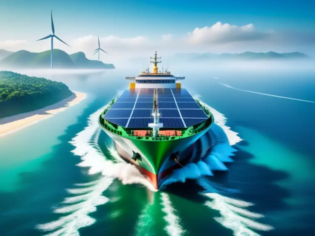 Buque de carga híbrido eléctrico: tecnología verde en acción Un barco de carga híbrido eléctrico navegando en aguas cristalinas con tecnologías verdes, mostrando armonía entre la naturaleza y la innovación