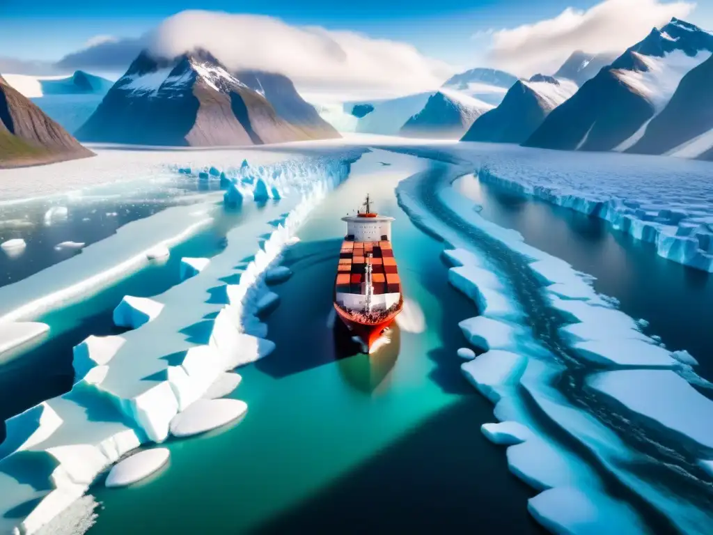 Emocionante travesía de barco en el Ártico: desafíos y belleza Un barco de carga rojo navega entre glaciares y montañas nevadas en las Rutas de transporte en el Ártico